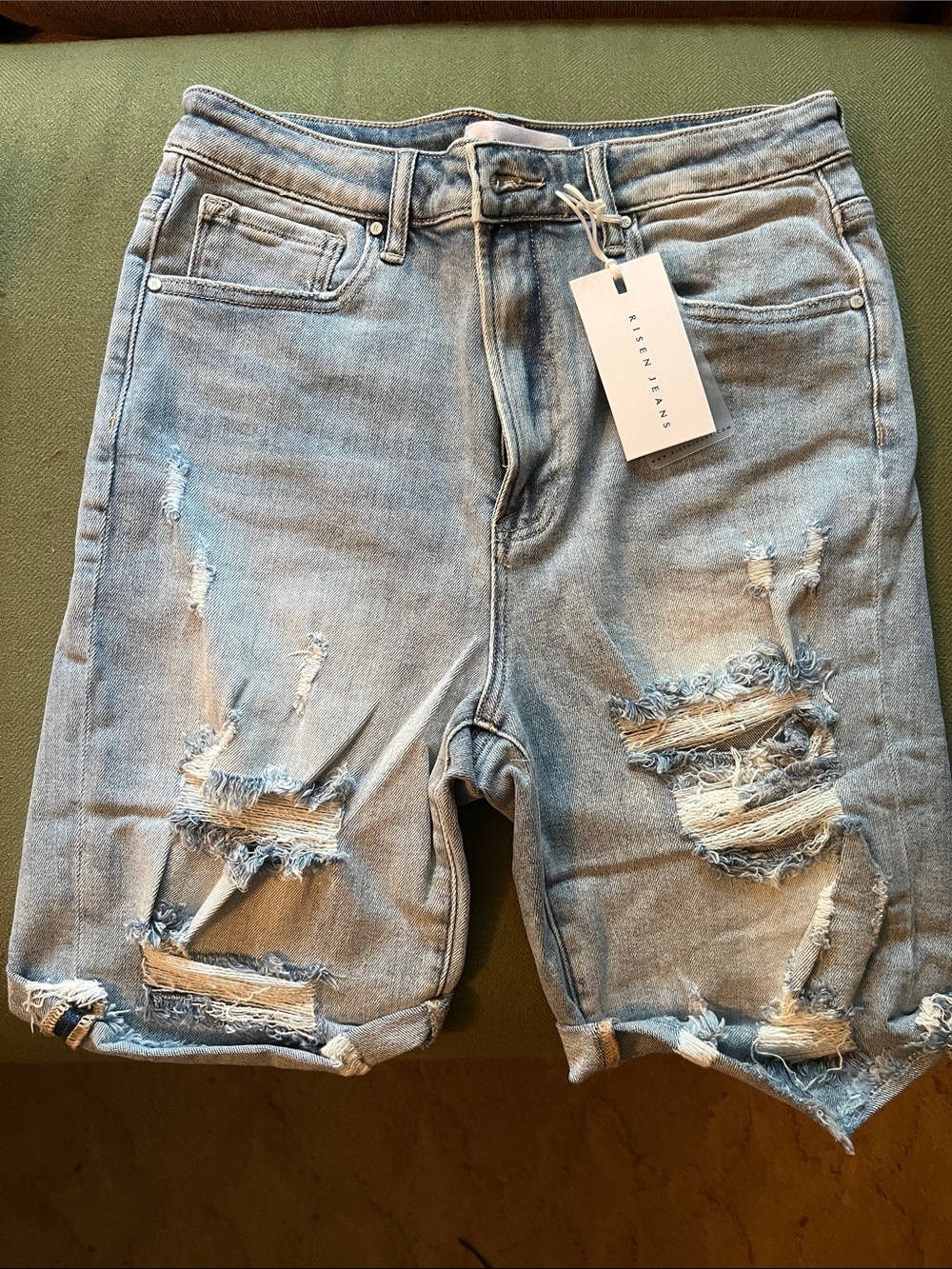 Risen Jean Distressed Light Wash Denim Shorts - Women's - Picture 1 of 6